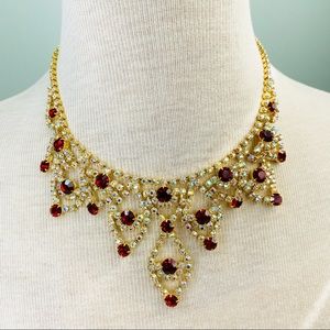 Deep Red Ruby & Gold Color Rhinestones NECKLACE / Stunning Statement necklace